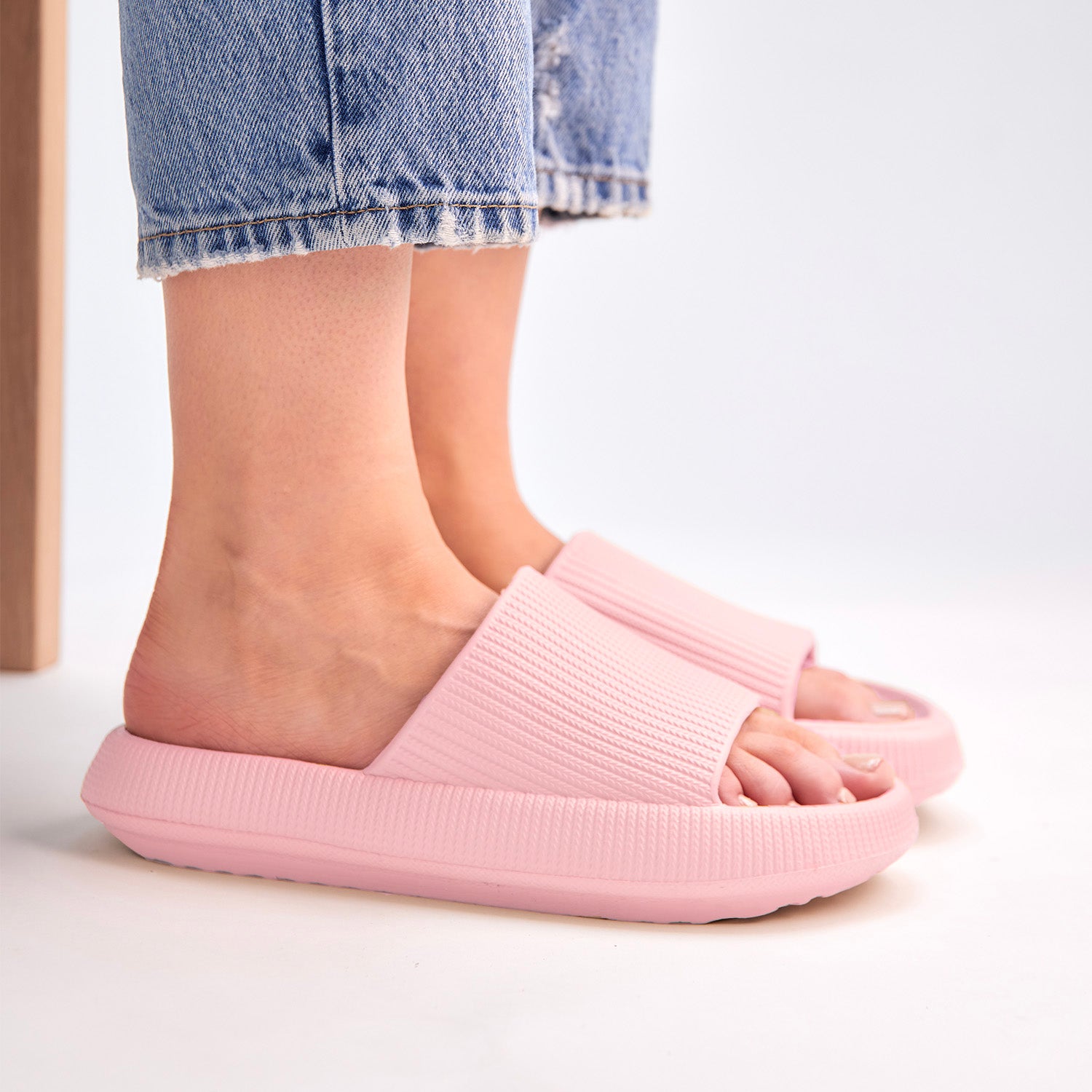 Comfy stylish pink slide-on slippers